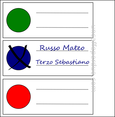 Tabela com três linhas, cada uma com um ícone colorido e espaços à direta para que se coloque o nome do candidato escolhido. Um dos ícones está grifado, com os nomes Russo Mateo e Terzo Sebastiano escritos logo à direita.