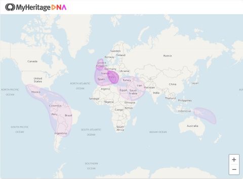 Um mapa tons de cinza, com o oceano pintado de azul. Sobre ele, há algumas formas em diferentes tons de roxo. Elas representam a proporção de DNA com origens na respectiva área.
