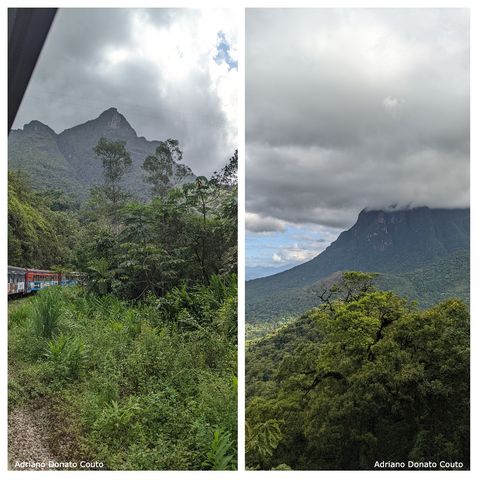 Vê-se duas fotografias com separação branca entre elas Do lado esquerdo, um trem com pintura avermelhada sai do primeiro plano e some no fundo da imagem, rodeado de mata fechada e com uma montanha ao fundo. À direita, uma área de mata com uma espécie de planalto ao fundo, cujo topo está coberto por nuvens cinzas.