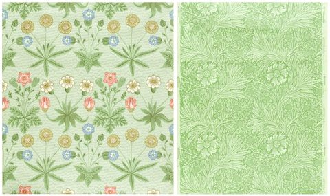 À esquerda, Daisy (criado em 1862 e impresso em 1864); à direita, Marigold (criado em 1873 e registrado em 1875). Morris & Co. Acervo do Los Angeles County Museum of Art.