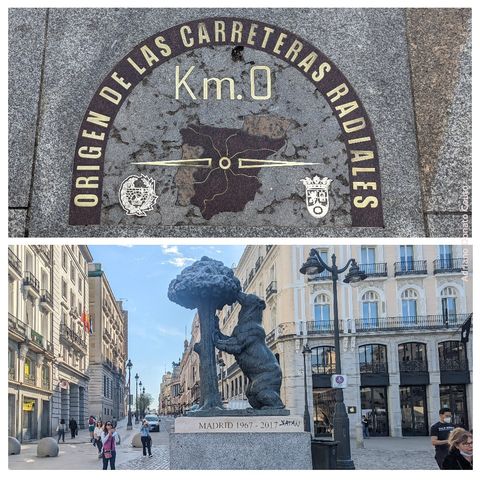 No quadro acima, um mapa marrom da península ibérica feito de pedra, com um arco da mesma cor por cima, onde se lê 'ORIGEN DE LAS CARRETERAS RADIALES'. No quadro abaixo, uma estátua de um urso que se apoia em uma árvore, em uma praça.