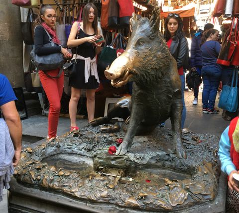 Fonte de bronze com um javali. A estrutura é toda escura, exceto o focinho. Esta parte tem um tom claro acobreado, pois as pessoas tocam o focinho do animal frequentemente. Algumas pessoas observam o monumento.
