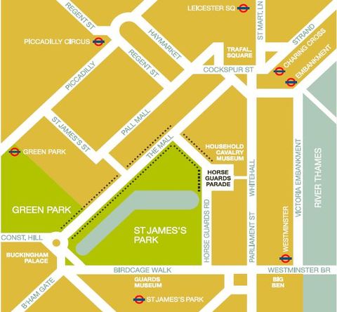 Mapa do trajeto do Trooping The Colour. Fonte: https://www.householddivision.org.uk/index.php?action=trooping-the-colour. Data de acesso: 01 de junho de 2019.