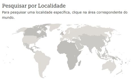Captura de tela com o título "Pesquisa por Localidade", seguida por algumas instruções e um mapa mundi em tons de cinza.