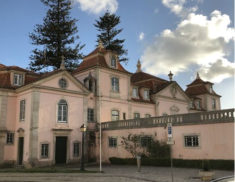 Uma muralha rosa vai em diagonal do primeiro plano à direta até o centro da imagem, onde se conecta com um palácio de paredes cor-de-rosa. O palácio tem aparentemente três andares. No topo, telhas de barro.