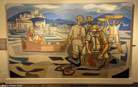 Um desenho de linhas fortes em um quadro. Retrata uma cena de garimpo no rio, com pessoas trabalhando e algumas construções ao fundo.