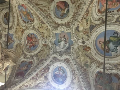 Um teto em tons pastel, repleto de pinturas, em sua maioria em formato oval. Elas parecem retratar figuras religiosas.