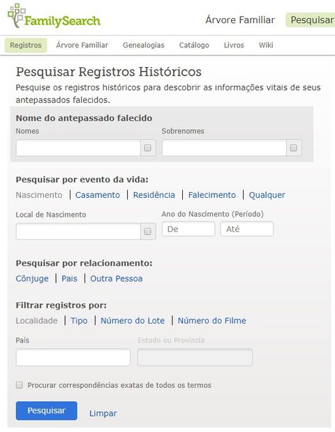 Captura de tela de um formulário de pesquisa por antepassados, com campos de texto para nome, sobrenome, local de nascimento, entre outros dados.