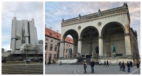 À esquerda, a HVB-Tower, pertencente ao HypoVereinsbank (banco de lá); à direita, o Feldherrnhalle, construção na Odeonsplatz. Fotos de Adriano Donato Couto.