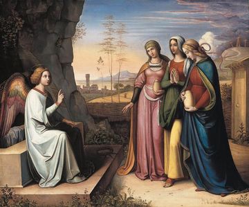 Pintura representando três mulheres e um anjo na porta de uma gruta, onde antes Jesus esteve enterrado. Do lado esquerdo, um anjo de asas coloridas sentado e com o dedo indicador erquido, se dirigindo às mulheres do lado direito da cena. Na outra metade, as "três Marias", com vestes coloridas. O fundo da pintura é de um dia ensolarado, com a luz amarelada do amanhecer.