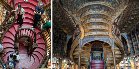 Escada da Livraria Lello. Às esquerda, foto da vista superior; à direita, a face inferior da escada. Fotos de Adriano Donato Couto.