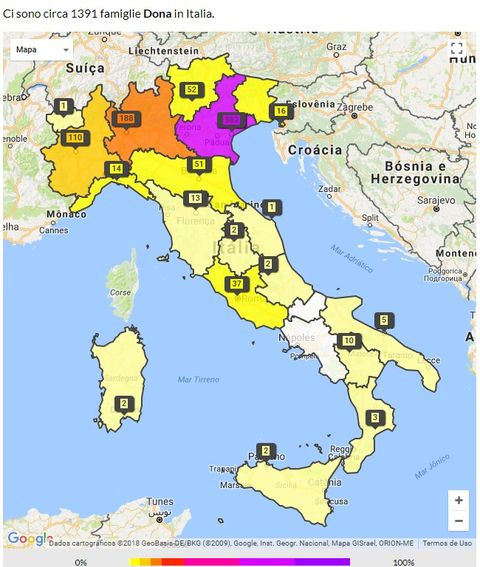 Mapa com a área da Itália em destaque. O território italiano está dividido em regiões, com cores do amarelo ao roxo, representando a concentração de pessoas com o sobrenome Donà em cada parte.