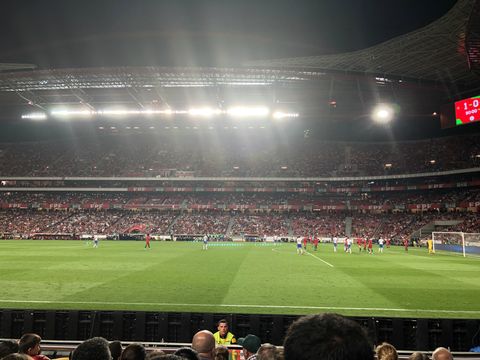 Em primeiro plano, o topo da cabeça de muitos torcedores. Logo atrás, um extenso gramado com alguns jogadores mais ao longe. De fundo, uma enorme arquibancada, em alguns níveis diferentes de poltronas. No topo, vários holofotes em direção ao campo.