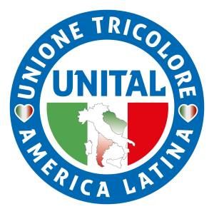 Símbolo redondo da lista UNITAL. Em um anel azul, os dizeres 'UNIONE TRICOLORE AMERICA LATINA'. Ao centro, UNITAL, seguido do mapa da Itália ao fundo, com o mapa do país em primeiro plano.