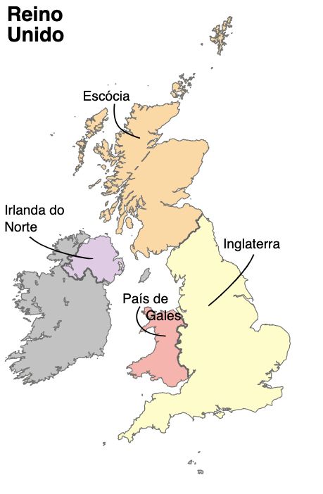Ilhas Britânicas e Reino Unido. Adaptação. Arquivo original: https://commons.wikimedia.org/wiki/File:United_Kingdom_labelled_map7_vector.svg.