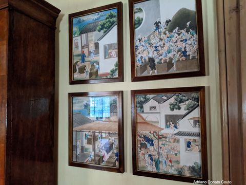 Ilustrações de produtores de chá preparando o produto - Board Room - Fortnum & Mason - Londres.