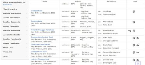 Captura de tela do site FamilySearch, que exibe uma tabela de resultados de uma pesquisa por antepassados.