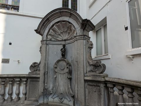 Em frente a uma parede branca, temos uma fonte em tons de cinza. No topo da plataforma central da fonte, uma estátua de bronze retrata um menino nu urinando.