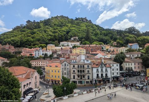 'Ao pé de um morro coberto de árvores, vemos uma série de prédios coloridos, que seguem parte do relevo. Em primeiro plano, uma praça e algumas ruas movimentadas.'